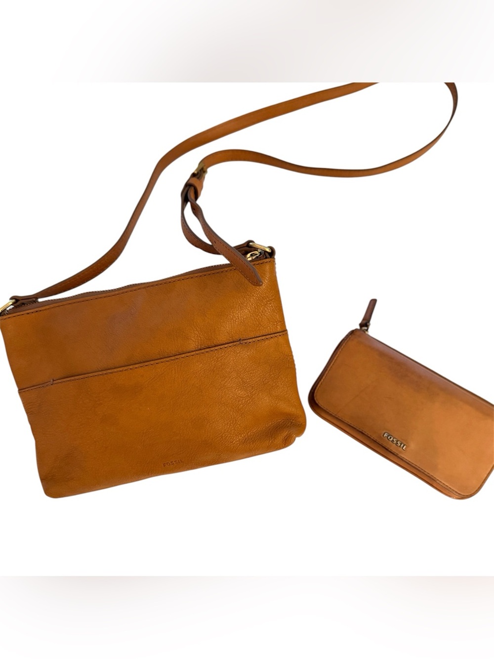 Fossil Leather Crossbody Bag & Zip Around Wallet Set Cognac Brown
